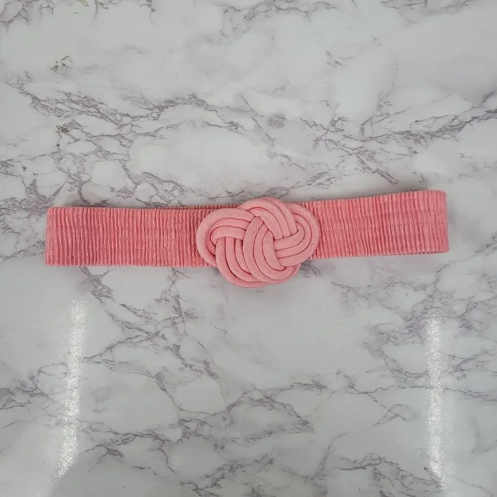 Vintage 80s Baby Pink Celtic Knot Rope Buckle Smocked Fabric Stretch Belt